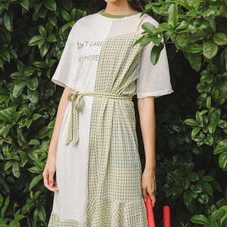 Elbow-sleeve Striped Panel Midi Dress