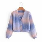 Puff Sleeve Tie-dyed V-neck Cardigan Purple - S