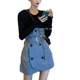 Set: Long-sleeve Plain T-shirt + Double Breasted Mini Skirt