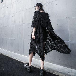 Fringed Trim Hooded Long Jacket Black - One Size