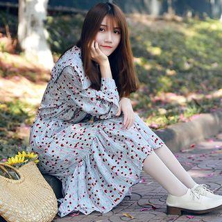 Long-sleeve Midi Cherry Print Chiffon Dress