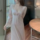 Bell-sleeve Lace Trim Midi A-line Sleep Dress Pink - One Size
