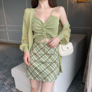 Long-sleeve Plain Cardigan/sleeveless Plain Bow-back Off-shoulder Camisole/plaid High-waist A-line Skirt