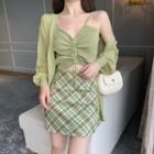 Long-sleeve Plain Cardigan/sleeveless Plain Bow-back Off-shoulder Camisole/plaid High-waist A-line Skirt