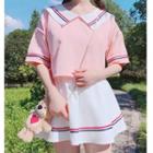 Set: Sailor Collar Short-sleeve T-shirt + A-line Mini Skirt