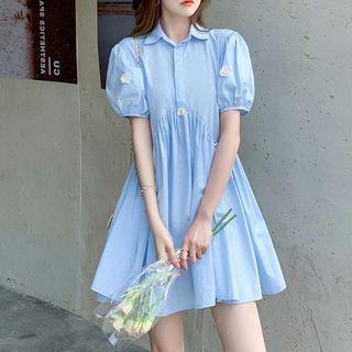 Puff-sleeve Flower Shirt Dress