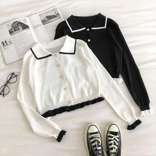 Color-block Trim Ruffled-trim Long-sleeve Knit Top