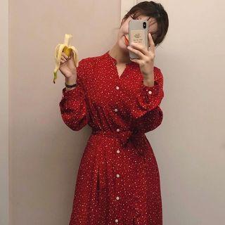 V-neck Dotted Long-sleeve Midi Dress Red - One Size