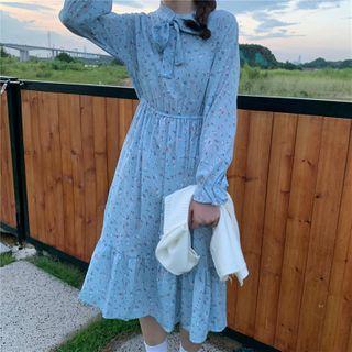 Floral Print Long-sleeve Midi A-line Dress / Buttoned Cable Knit Vest