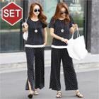 Set: Layered-hem Polka-dot T-shirt + Slit-hem Pants