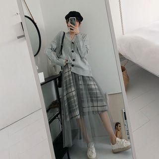 Loose-fit Knit Cardigan / Plaid Mesh Skirt