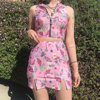 Sleeveless Butterfly Print Zip Cropped Top / Mini Fitted Skirt