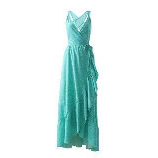 V-neck Open-back Floral Drawstring Dress