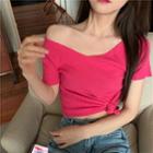 V-neck Short-sleeve Rib Knit Top Rose Pink - One Size