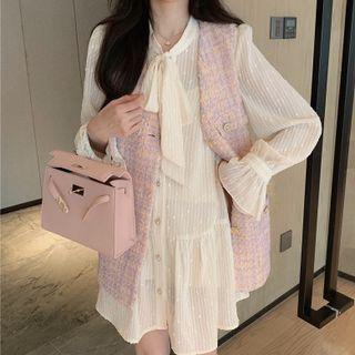 Button-up Tweed Vest / Flared-cuff Single-breasted Crinkle Mini Dress / Slipdress