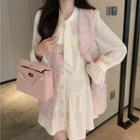 Button-up Tweed Vest / Flared-cuff Single-breasted Crinkle Mini Dress / Slipdress