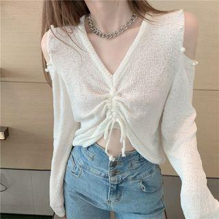 Long-sleeve Cold Shoulder Faux Pearl Drawstring Knit Top