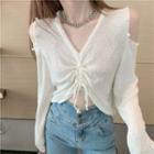 Long-sleeve Cold Shoulder Faux Pearl Drawstring Knit Top