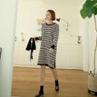 Stripe Knit Dress With False-sleeve Scarf
