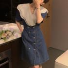 Short-sleeve Double Breasted Denim Dress Blue - One Size