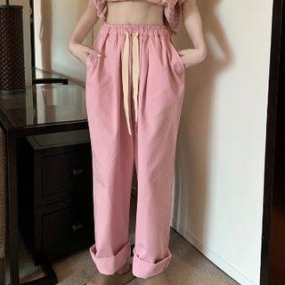 Straight Leg Pants / Elbow-sleeve Striped T-shirt