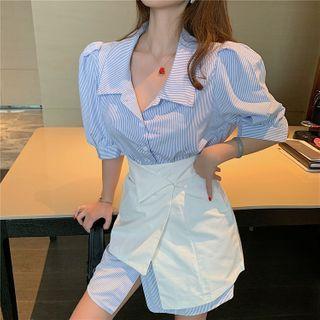 Striped Puff-sleeve Shirt / Asymmetric Mini A-line Skirt