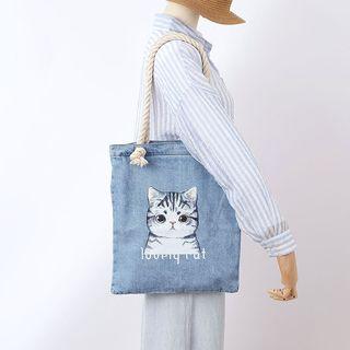 Cat Print Denim Tote Bag