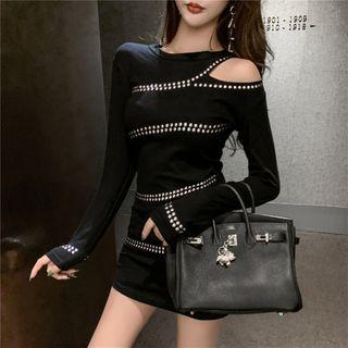 Long-sleeve Cutout Studded Mini Dress Black - One Size