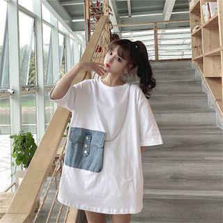 Elbow-sleeve Denim Panel Chained T-shirt