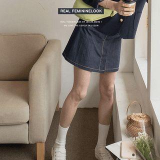 Hidden-button Stitched Denim Mini Skirt