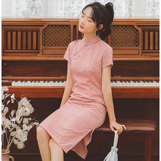 Plaid Side-slit Short-sleeve Qipao