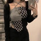 Checkered Color Block Cropped Halter Top