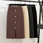 Button-detail Midi Fitted Knit Skirt