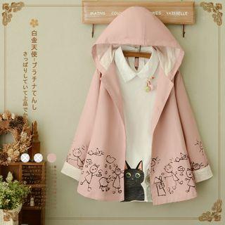 Cartoon Embroidered Hooded Buttoned Jacket