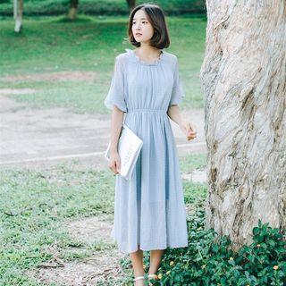 Check Short-sleeve Cold-shoulder A-line Dress