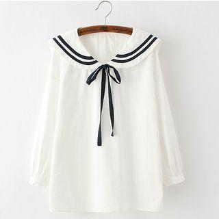 Sailor Collar Bow Accent Ribbon Long-sleeve Top
