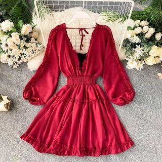 Puff-sleeve Frill Trim A-line Mini Dress