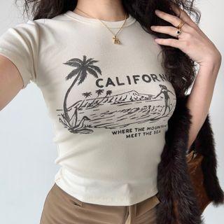 Beach Print Round-neck Short-sleeve Top