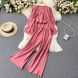 Set: Knit Sleeveless Top + Cardigan + Wide Leg Pants