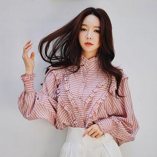 Ruffle Trim Plaid Blouse Plaid - Pink - One Size