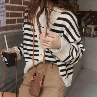 Long-sleeve V Neck Striped Knit Cardigan As Shown As Figure - One Size