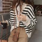 Long-sleeve V Neck Striped Knit Cardigan As Shown As Figure - One Size
