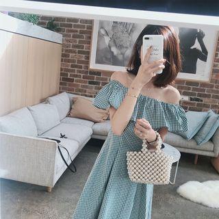 Off Shoulder Plaid Short Sleeve Midi Dress