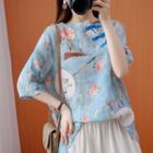 Printed Frog-buttoned Elbow-sleeve Blouse