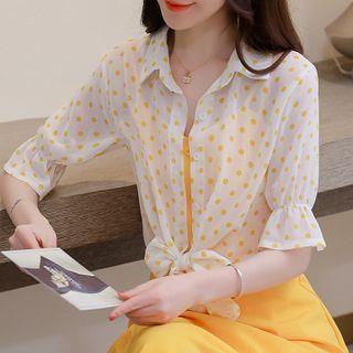 Dotted Elbow-sleeve Chiffon Cropped Blouse