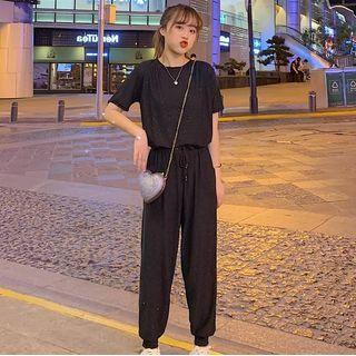 Set: Short-sleeve Glitter T-shirt + Sweatpants T-shirt - Black - One Size / Sweatpants - Black - One Size