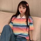 Embroidered Rainbow Striped Short-sleeve Top