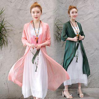 Set: Open-front Thin Coat + Sleeveless Printed Midi Dress