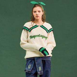 Sailor-collar Contrast-trim Embroidered Sweater Ivory - One Size