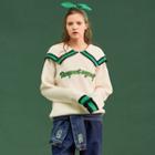 Sailor-collar Contrast-trim Embroidered Sweater Ivory - One Size